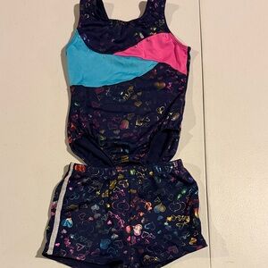Girls Navy Heart-Print Gymnastics Leotard & Shorts Set - Pink & Aqua Accents